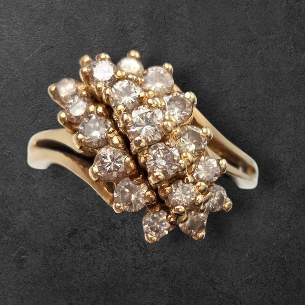 Vintage Red 10K Gold Diamond Ring Waterfall Cluster Bypass Cocktail